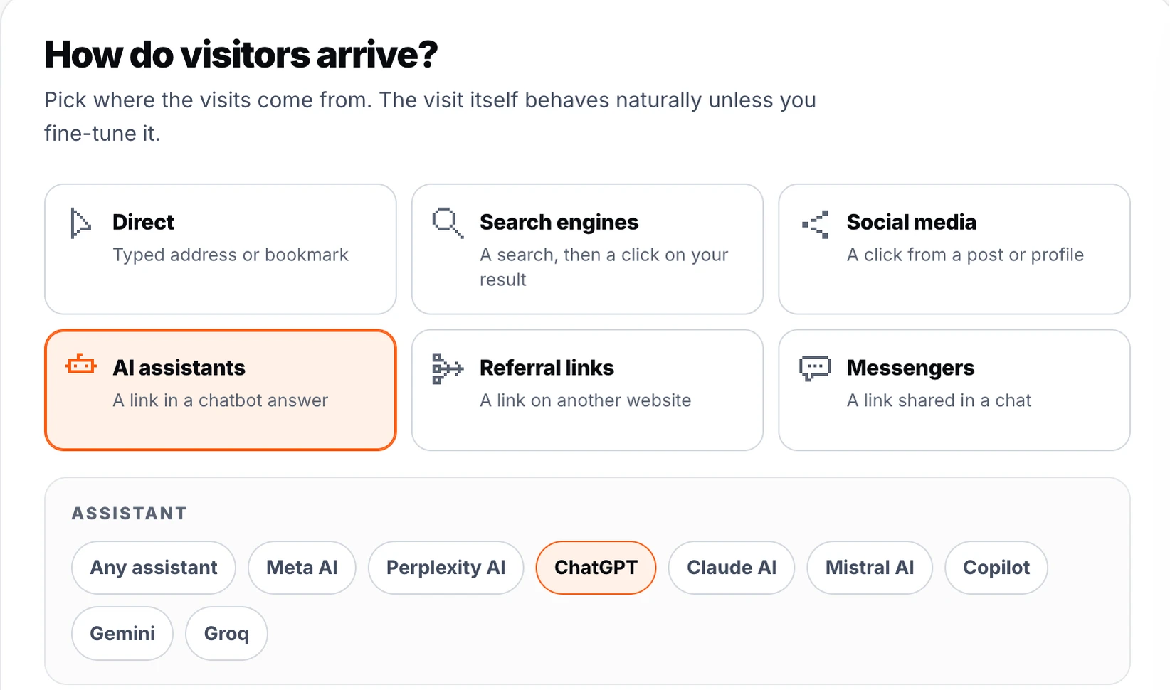 Source cards in the Traffic Creator campaign wizard: Direct, Search engines, Social media, AI assistants, Referral links and Messengers, with AI assistants and ChatGPT selected