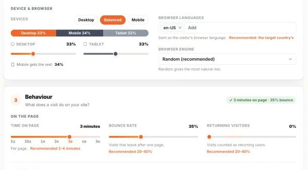 Traffic Creator campaign page with the Devices presets Desktop, Balanced and Mobile, the desktop and tablet sliders, and Time on page, Bounce rate and Returning visitors below