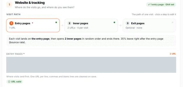Visit path on the Traffic Creator campaign page: Entry pages, Inner pages with 2 URLs and 4 per visit, and optional Exit pages