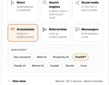 Six source cards in the Traffic Creator campaign wizard: Direct, Search engines, Social media, AI assistants, Referral links and Messengers, with AI assistants and ChatGPT selected