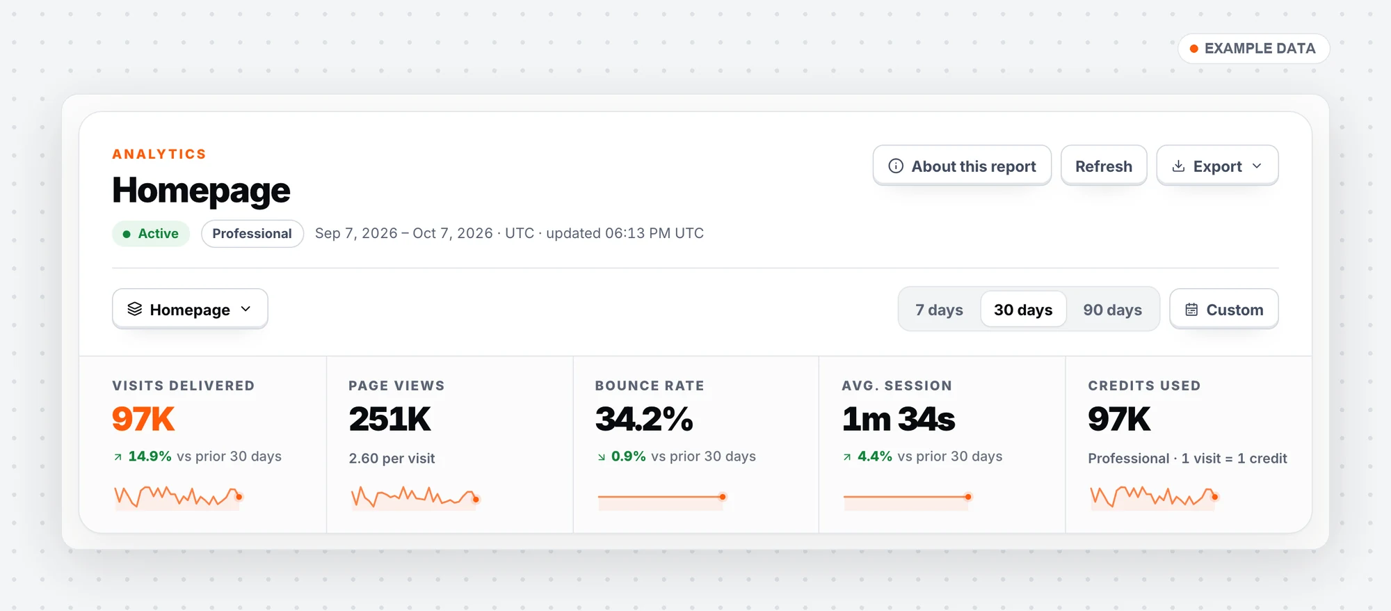 Analytics summary: visits delivered, page views, bounce rate, average session, credits used