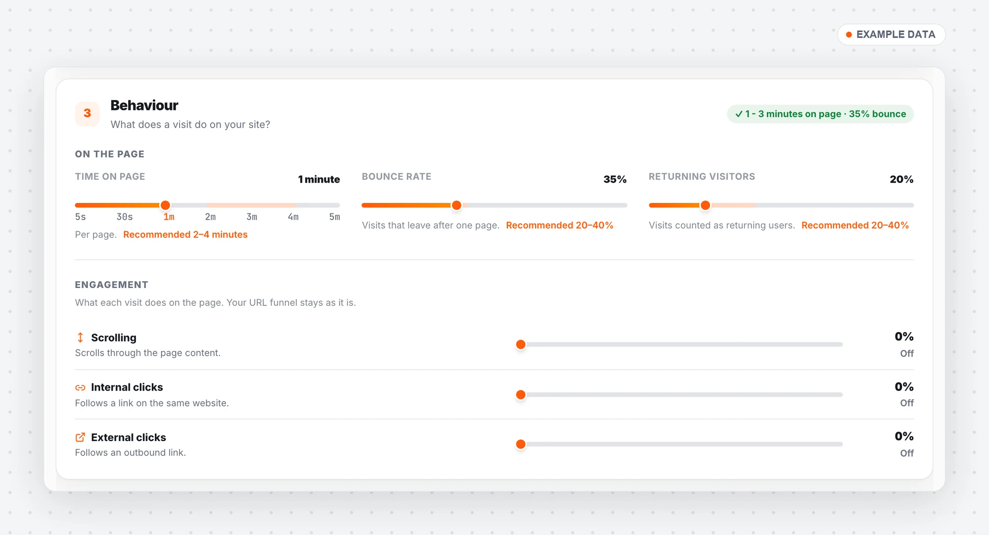 Campaign settings: time on page, bounce rate, returning visitors, scrolling and clicks