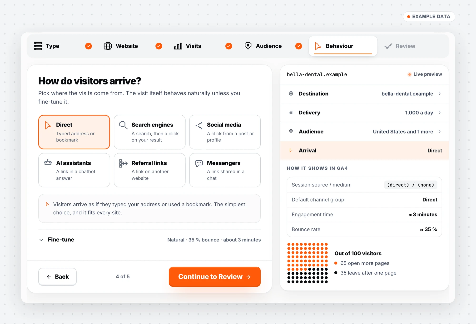 Setup step: direct, search engines, social media, AI assistants, referral links, messengers