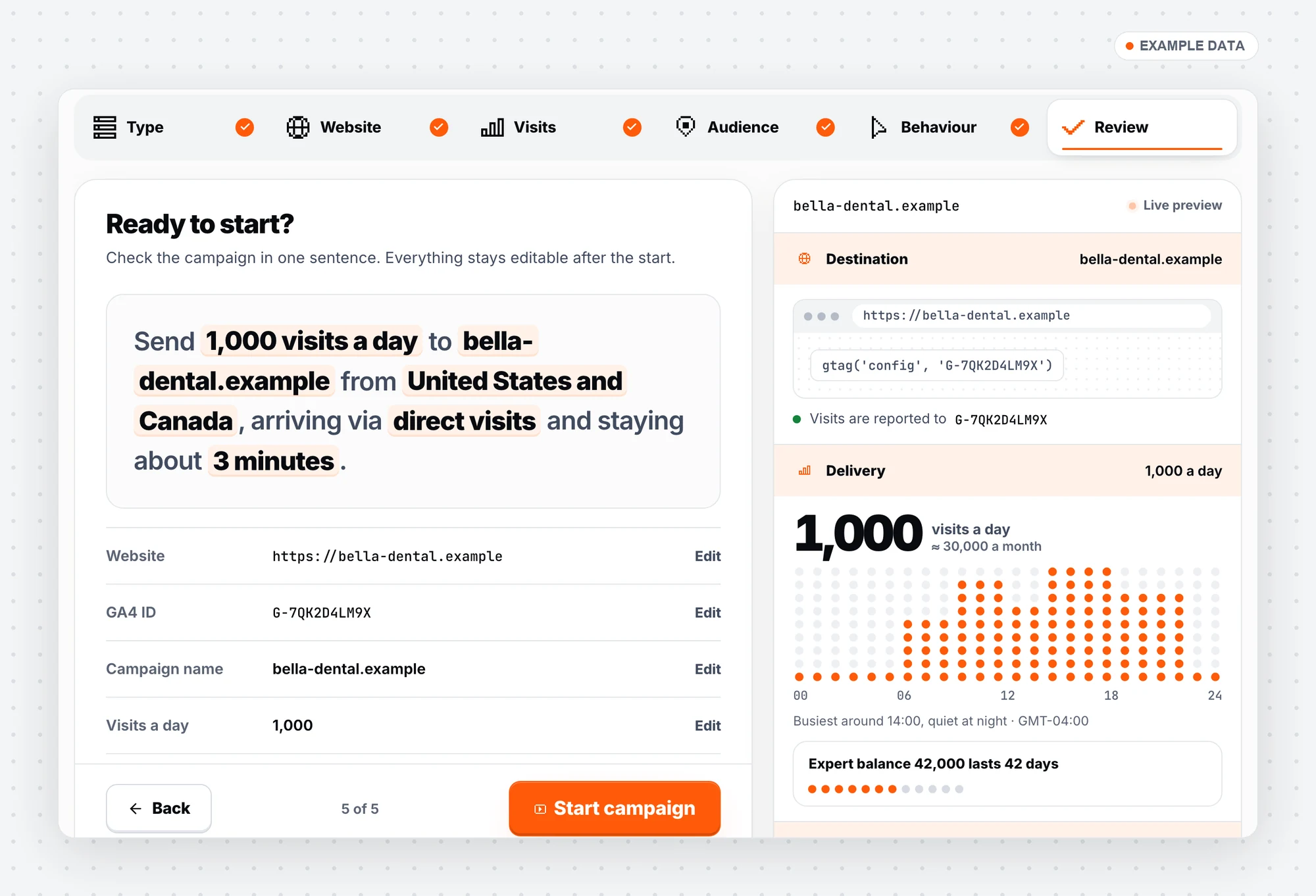 Review step: Send 1,000 visits a day to bella-dental.example from United States and Canada