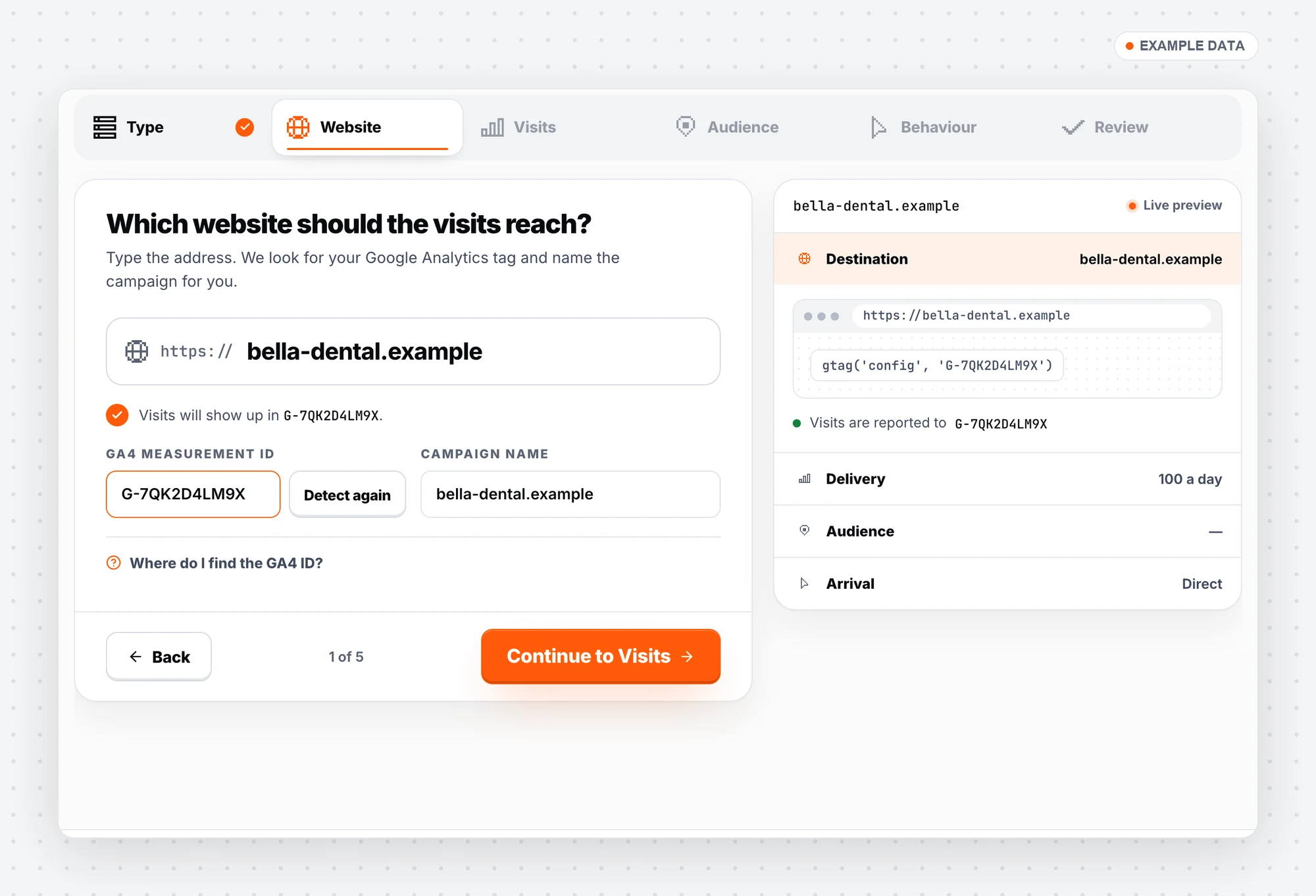 Setup step: website address and GA4 measurement ID