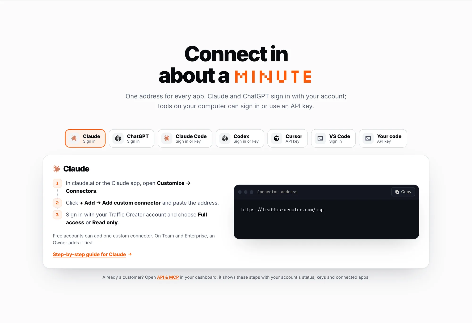 Setup tabs for Claude, ChatGPT, Claude Code, Codex, Cursor, VS Code and your own code, with the connector address