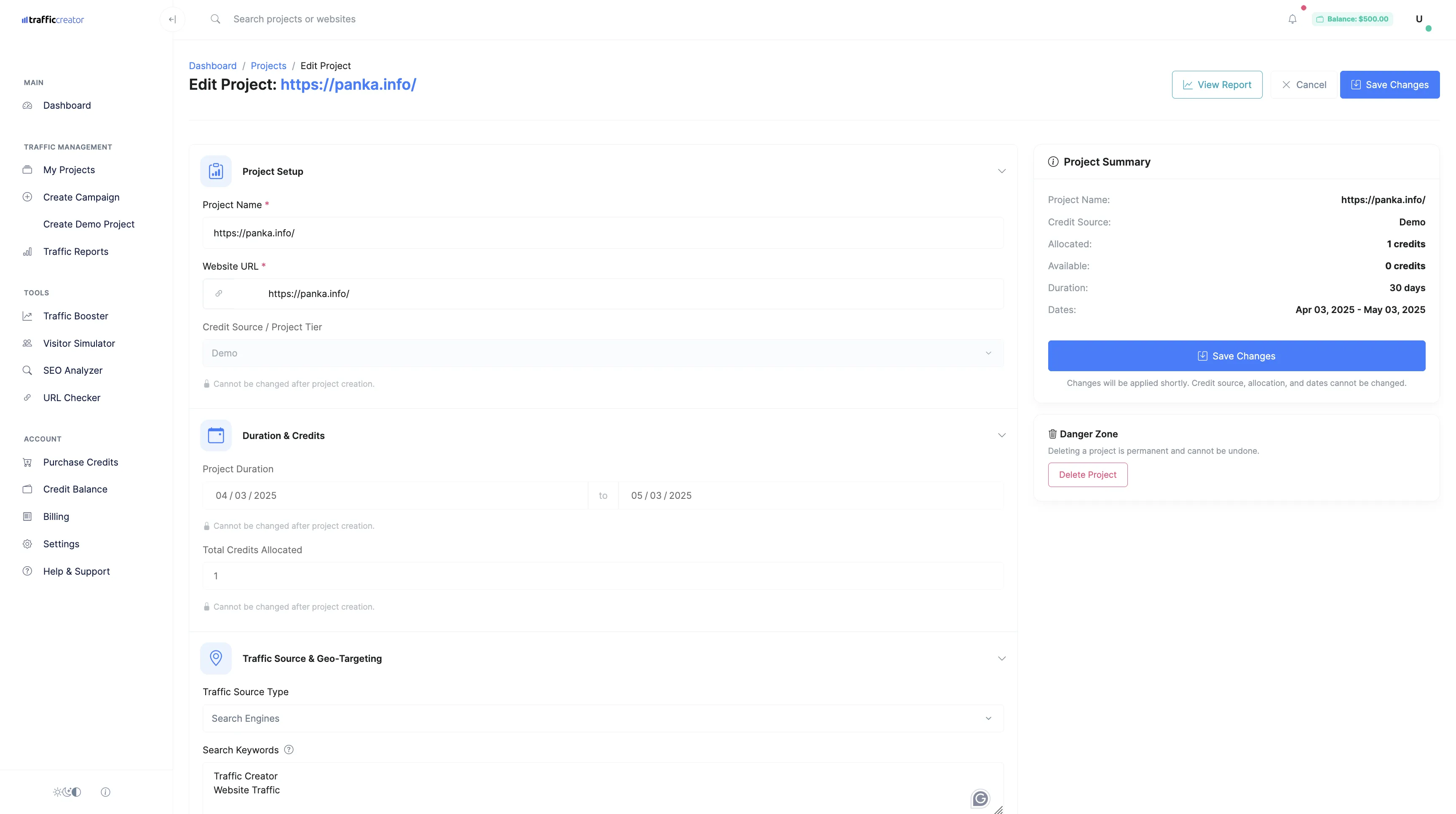 Website Traffic Project Management interface listing campaigns