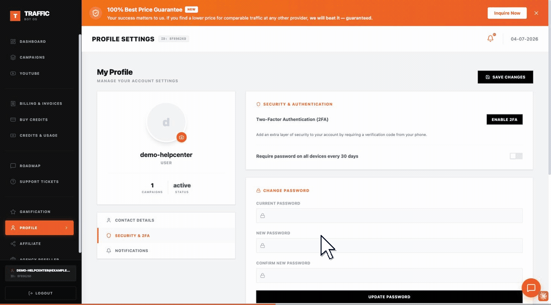 Walkthrough: opening the Security & 2FA tab and finding the Recent Login History table