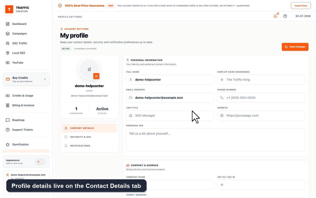 Walkthrough: the Contact Details tab on Profile and the Save changes button