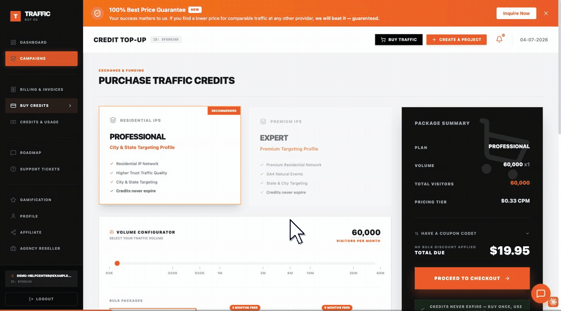 Walkthrough: selecting a tier and volume on the Purchase Traffic Credits page