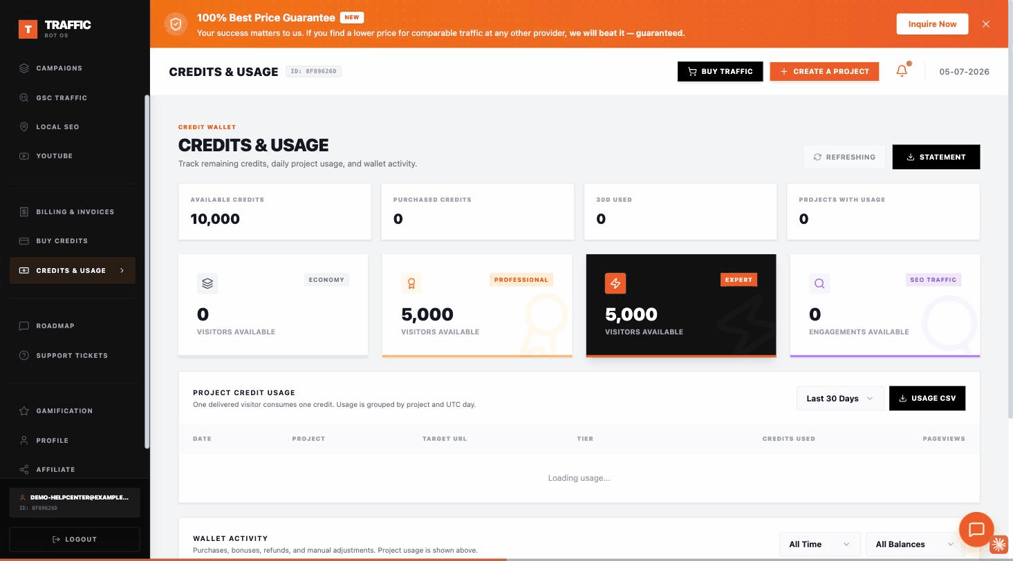 Walkthrough: the Credits & Usage page showing all four tier balances
