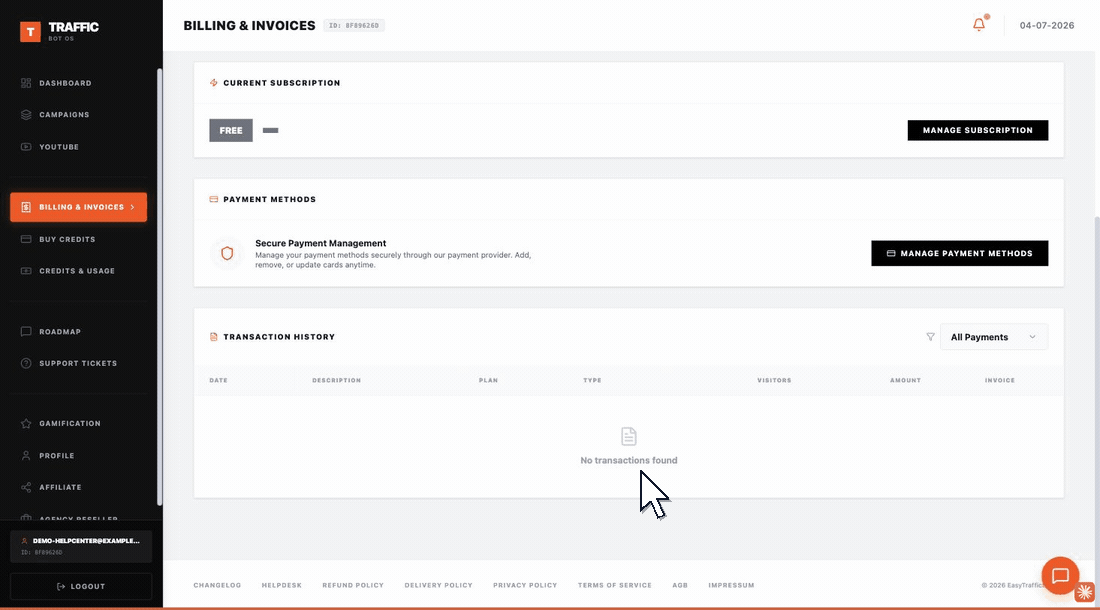 Billing & Invoices page showing the Transaction History table