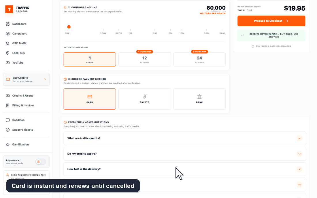 Walkthrough: the Card, Bank and Crypto options under Choose Payment Method on Buy Credits