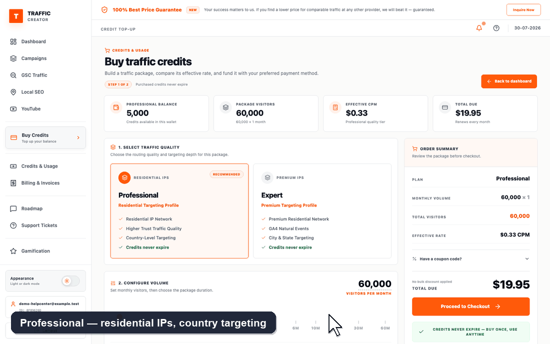 Walkthrough: comparing the Professional and Expert tier cards on the Purchase Traffic Credits page