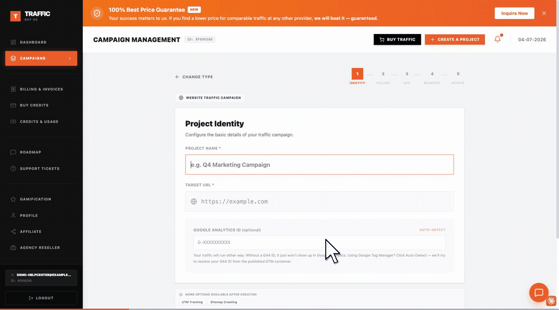 Walkthrough: the Project Identity step, then the Traffic Behavior step of the campaign wizard