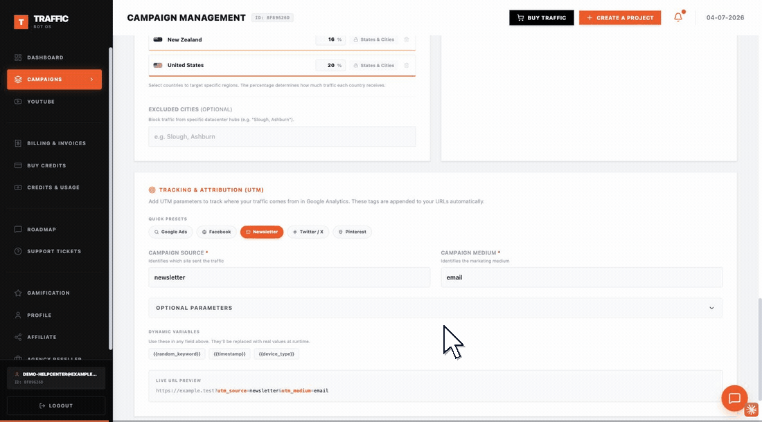 Walkthrough: Device Distribution and UTM Tracking settings on an existing project