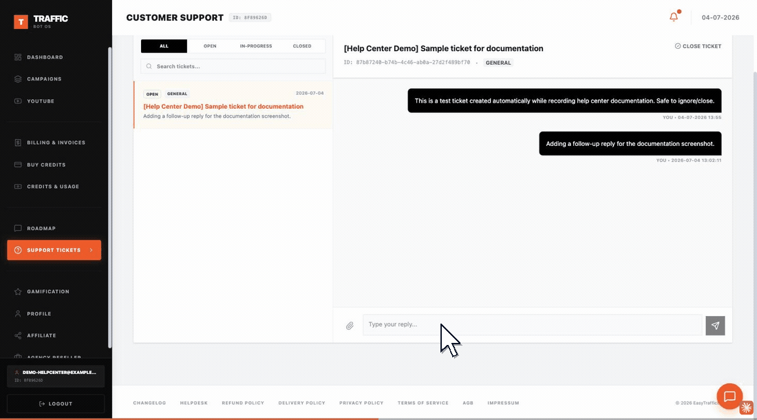 Walkthrough: opening a ticket and posting a reply on the thread