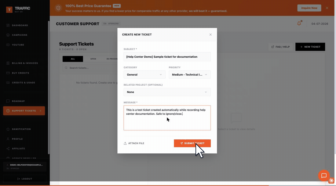 Walkthrough: creating a new support ticket