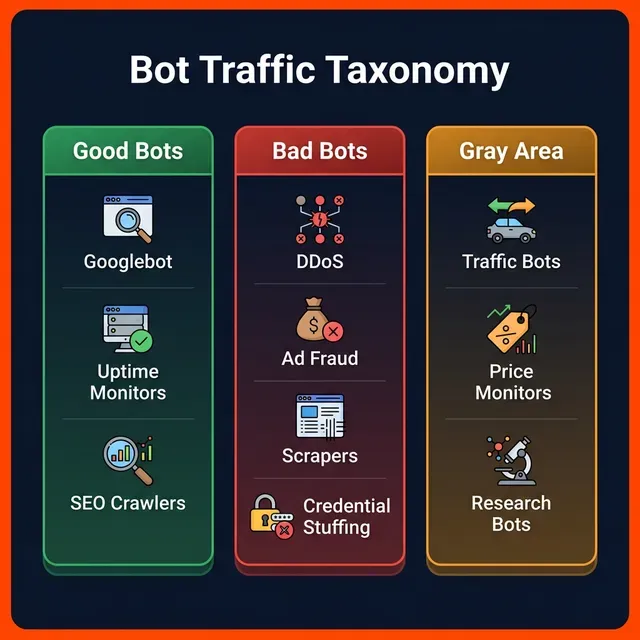 Bot Traffic Taxonomy: Good Bots, Bad Bots, and Gray Area