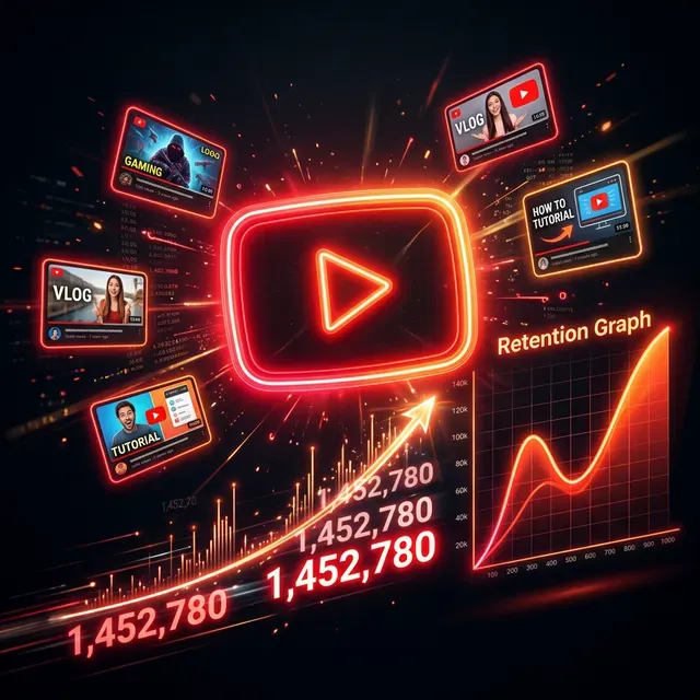 Ilustração do botão do YouTube em néon cercado por miniaturas de vídeos, um contador de visualizações em alta e um gráfico de retenção