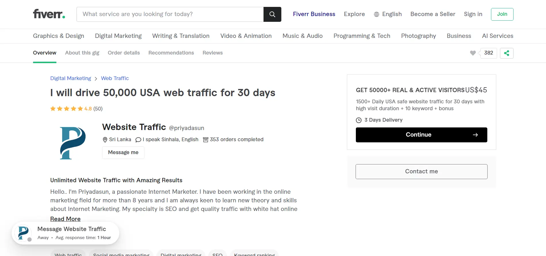 Fiverr seller page with offer on website traffic.