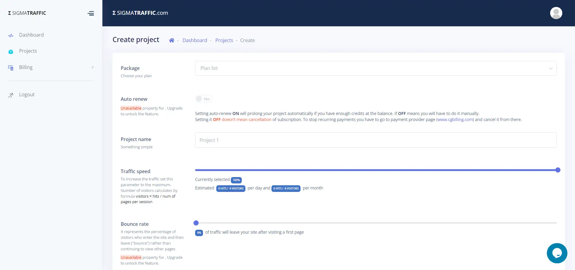 Sigma Traffic project settings screenshot.