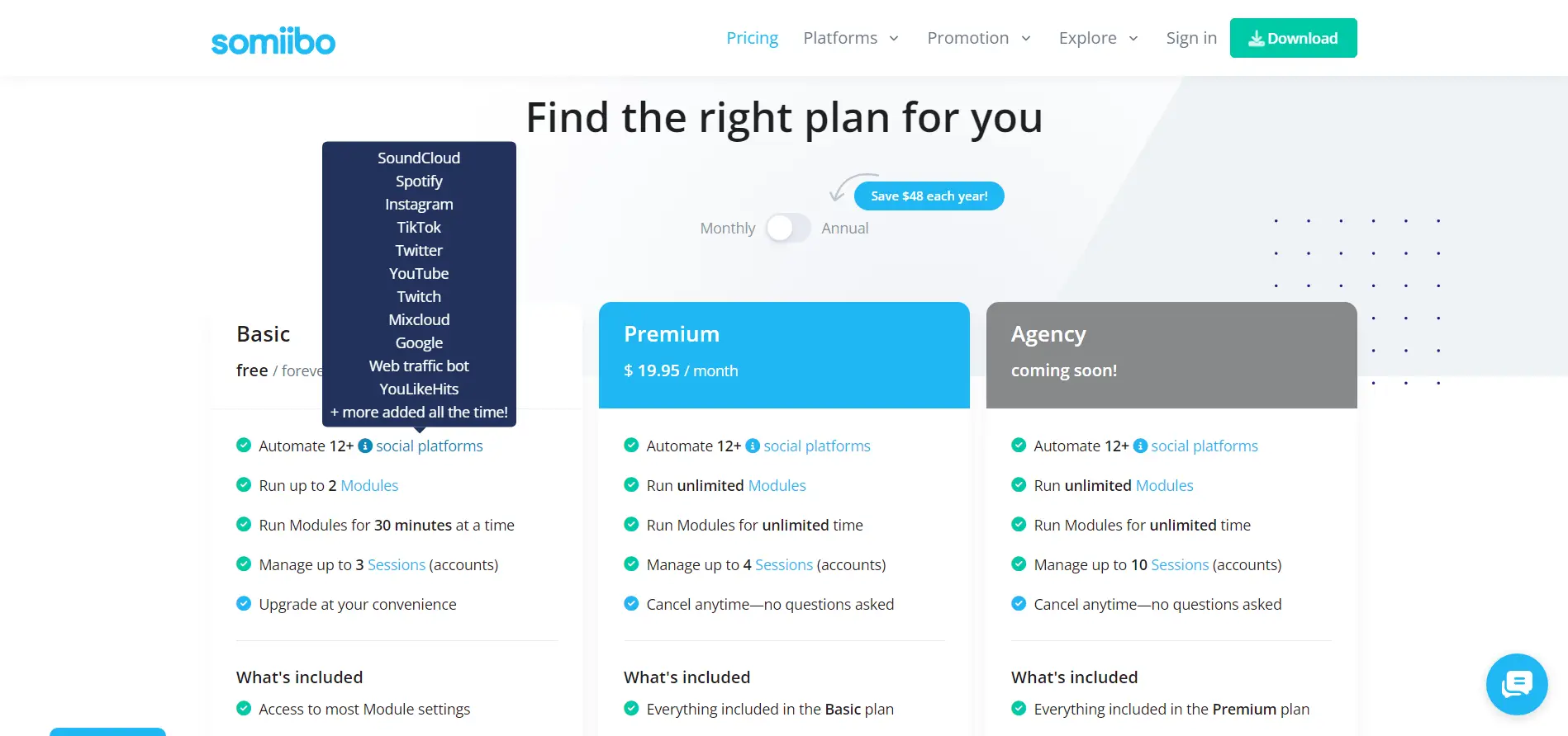Somiibo pricing screenshot.