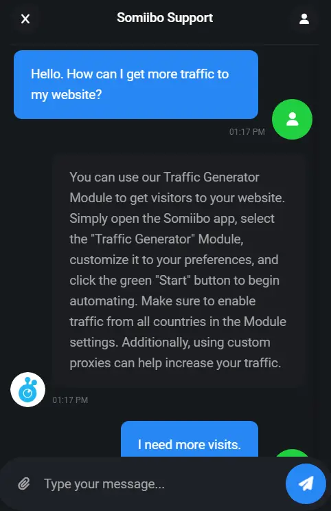 Somiibo support chat screenshot.