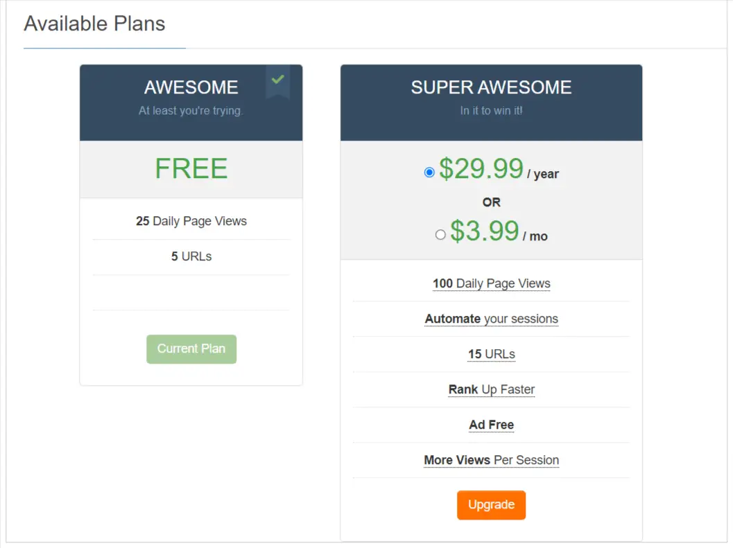 Traffic Ape pricing screenshot.