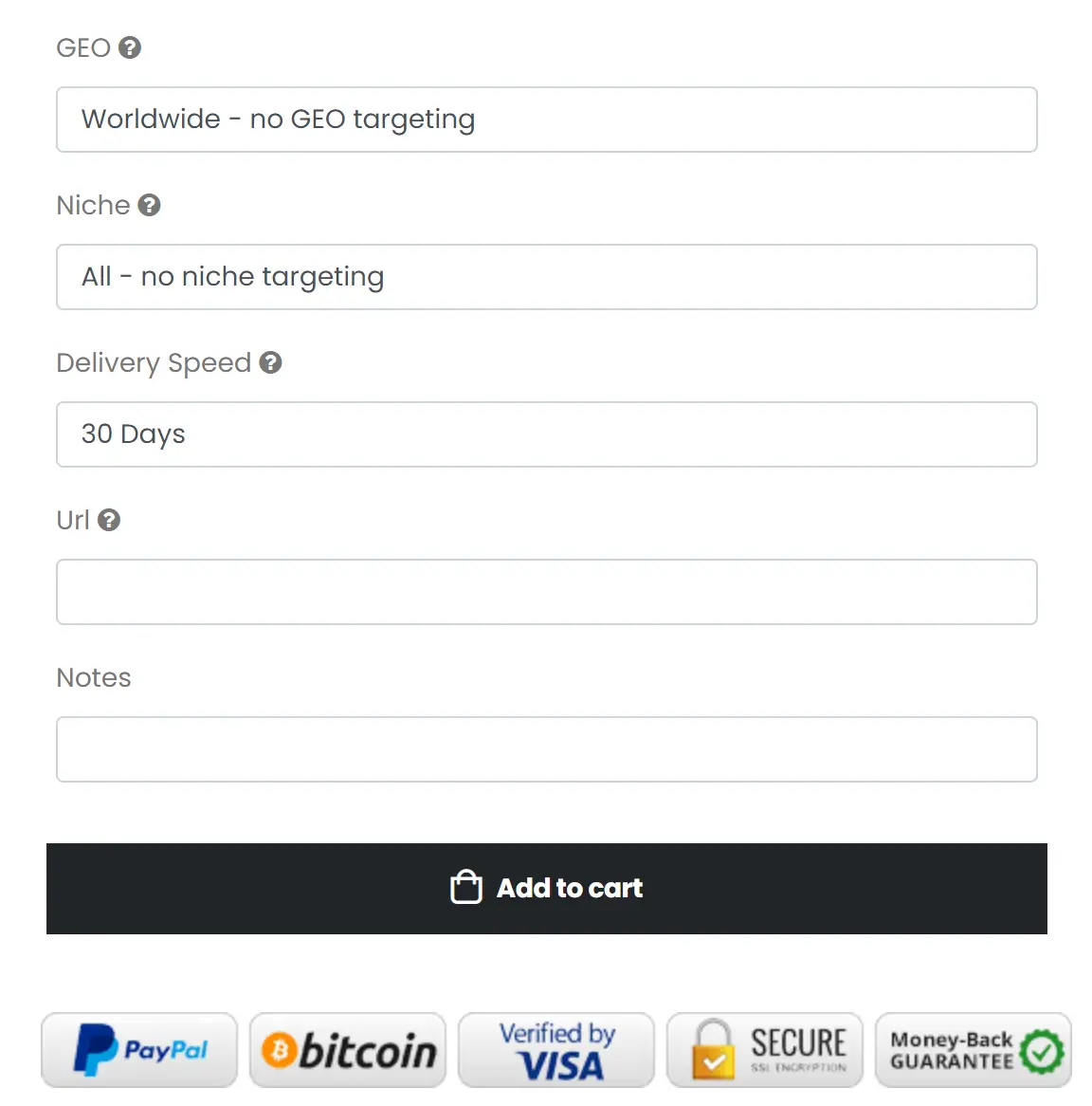 Traffic Fans order form screenshot.