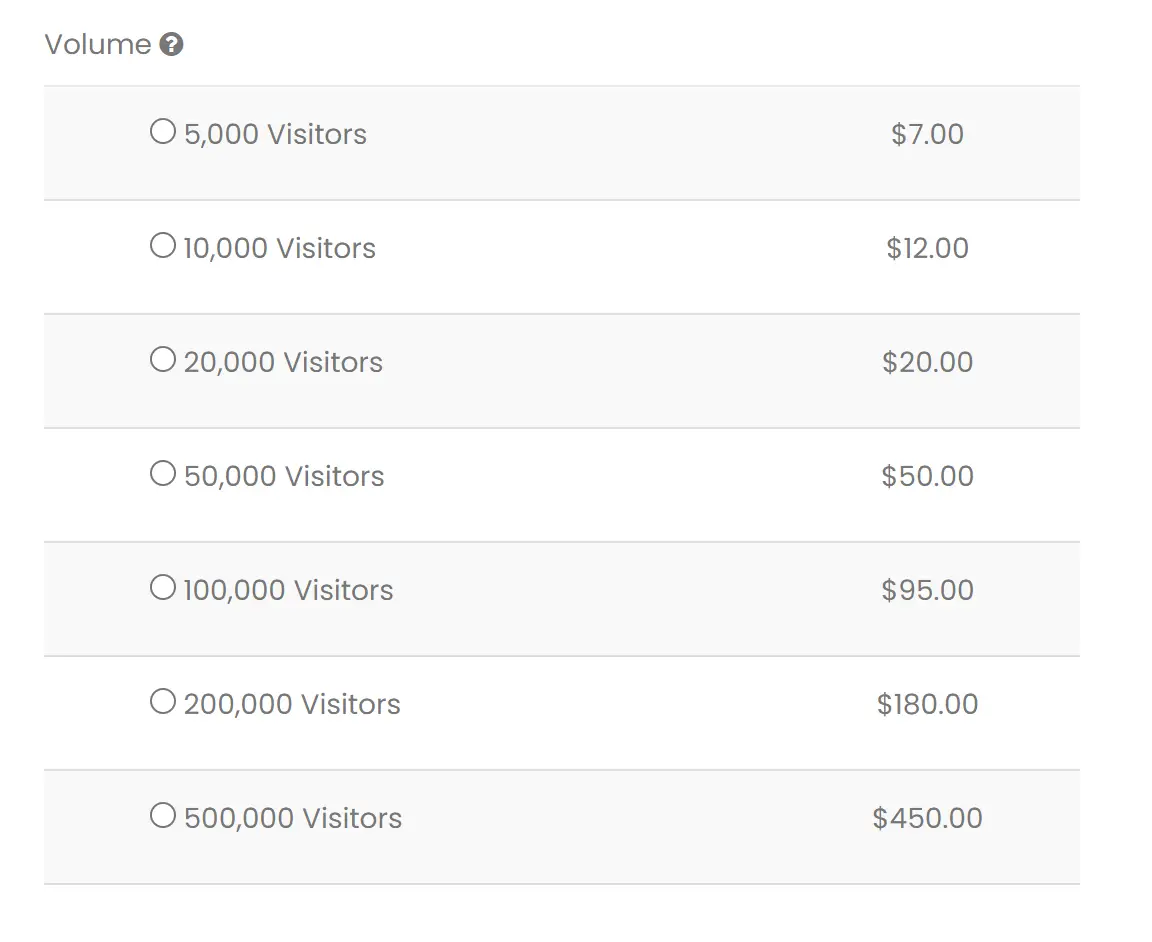 Traffic Fans pricing screenshot.