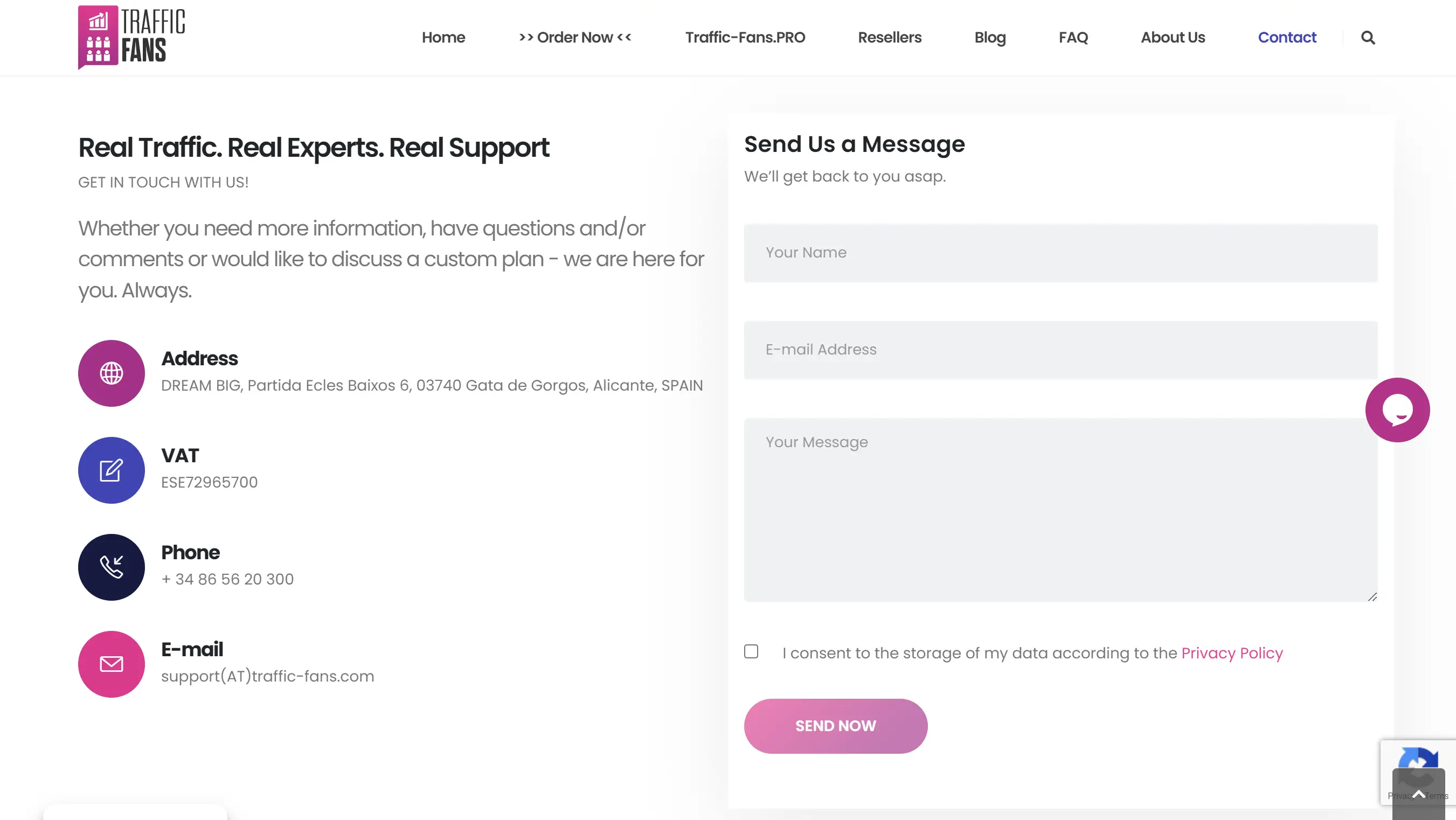 Traffic Fans Contact Page Screenshot.