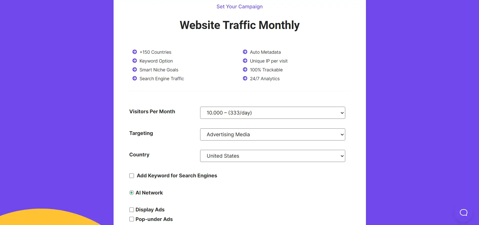 Traflick plan purchase screenshot.