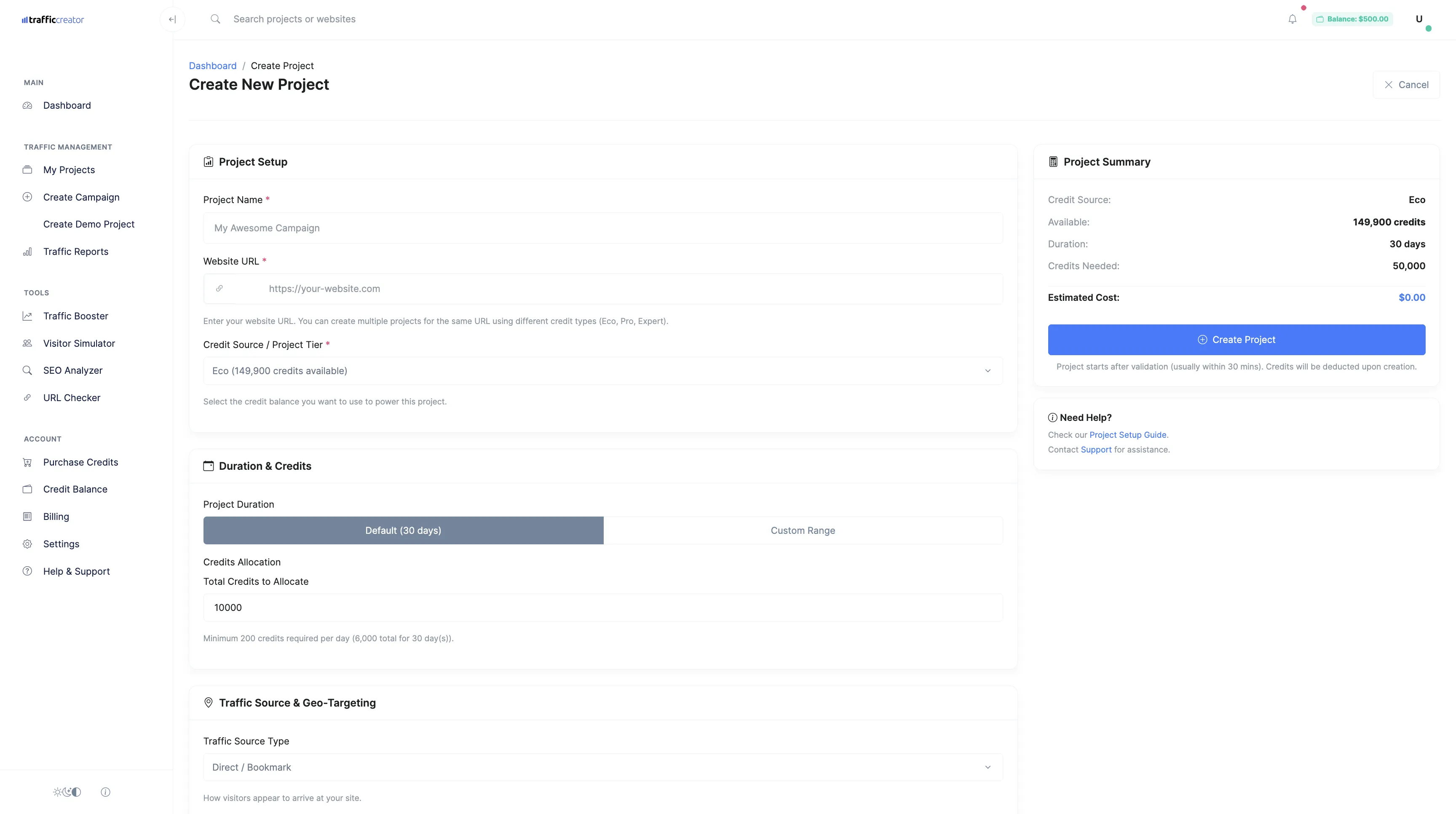 Traffic Creator Projects Dashboard
