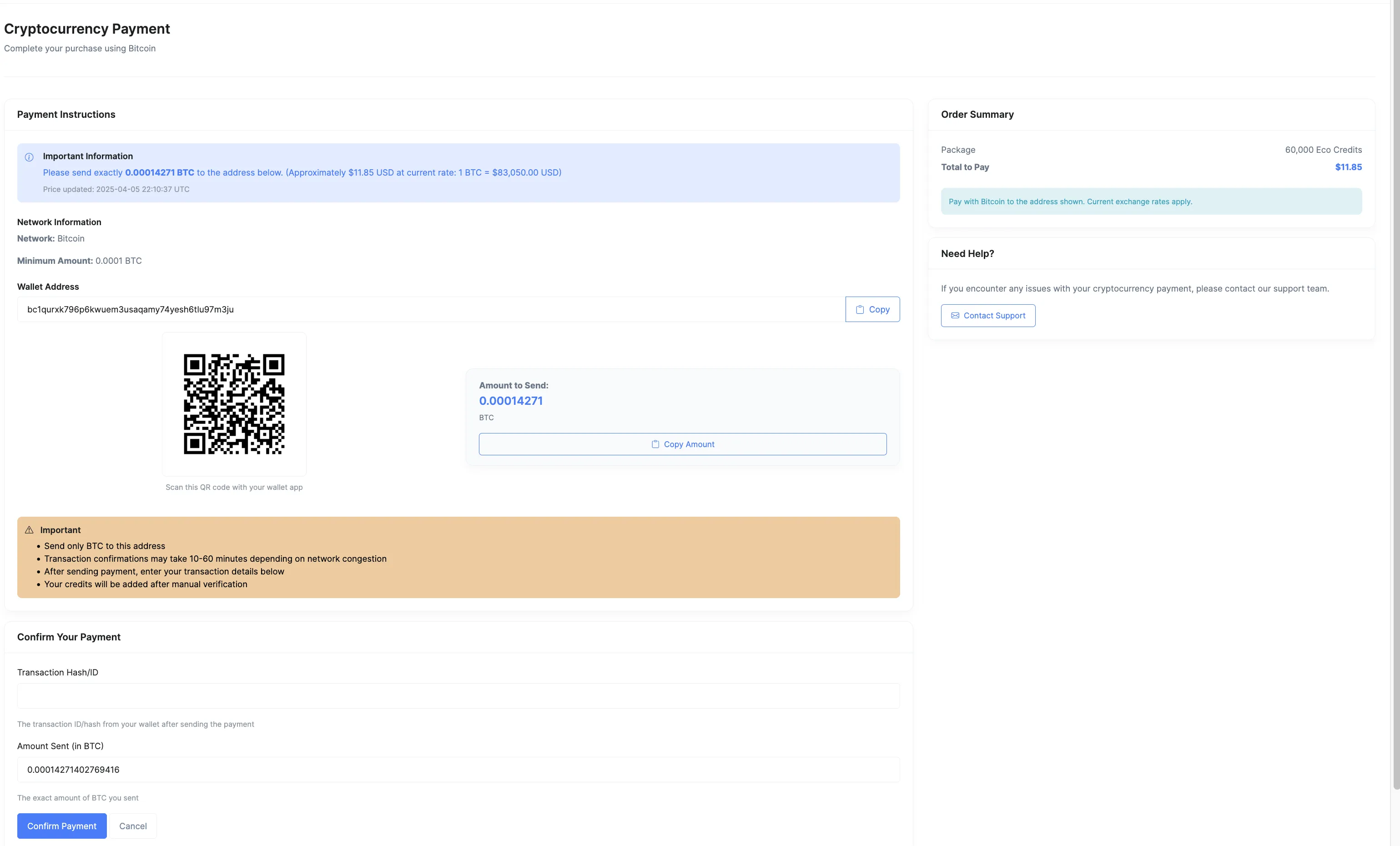 Ethereum Payment Screen