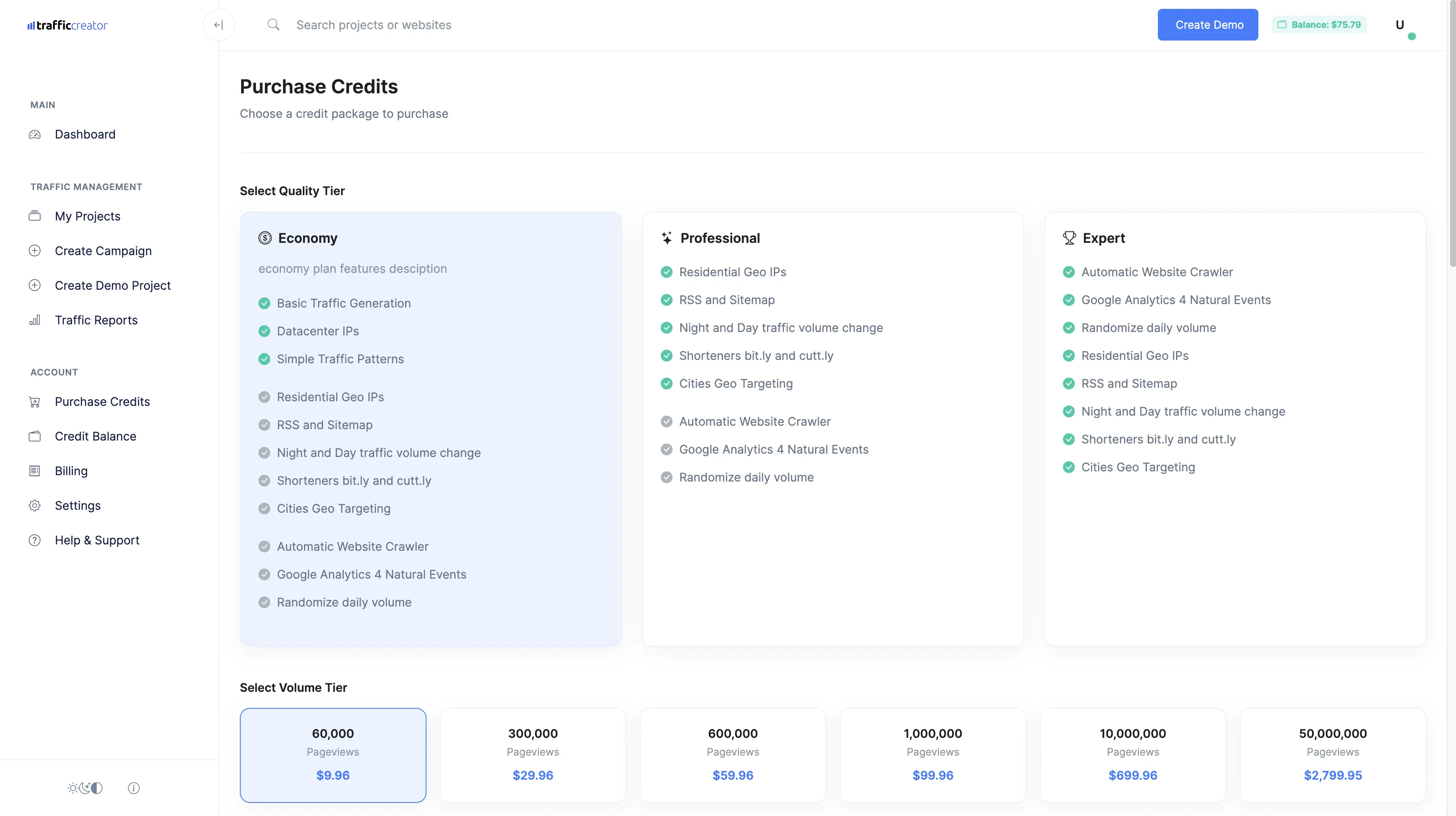 Traffic Creator Purchase Screen