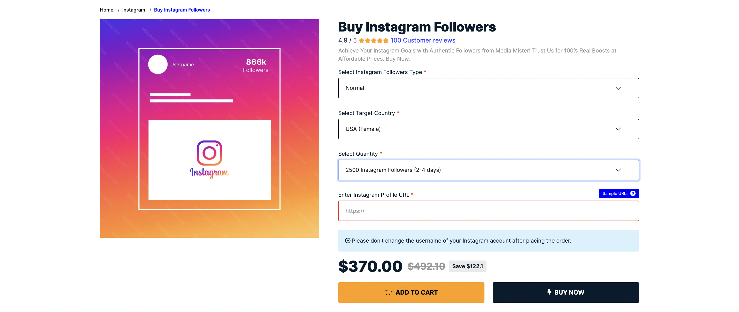 Screenshot of Media Mister Instagram Pricing
